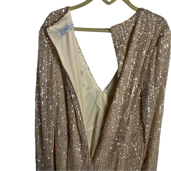 Ieena Mac Duggal Dress WMNS 16 Gold Sequin Knotted Long Sleeve Midi 26549 Plunge - Picture 10 of 11